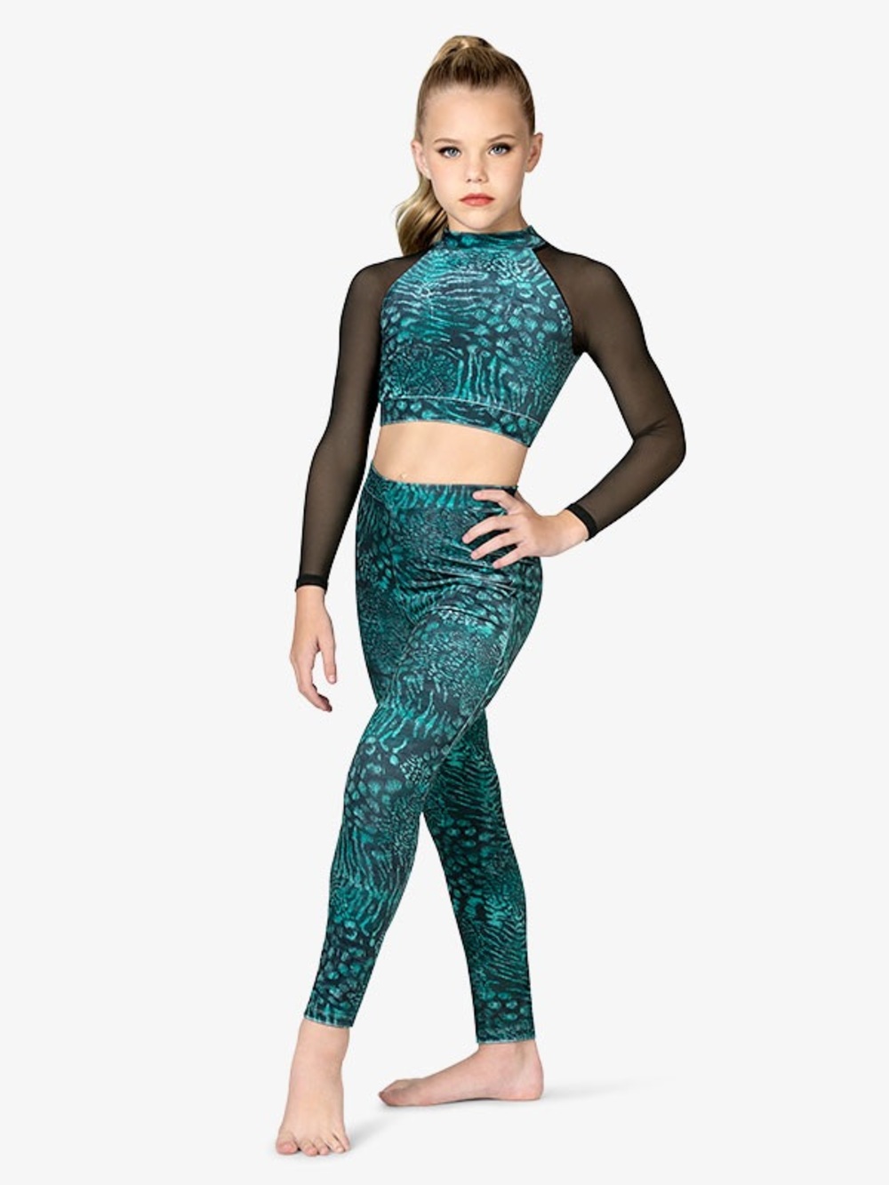 Girls Teal Printed Dance Costume Velvet Legging Crop Top Set with Mesh Sleeves